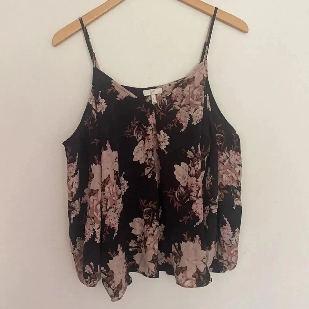 JOIE silk blouse sz S black floral open shoulder with adjustable straps EUC - Picture 2 of 6